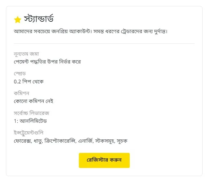 Exness স্ট্যান্ডার্ড অ্যাকাউন্টস