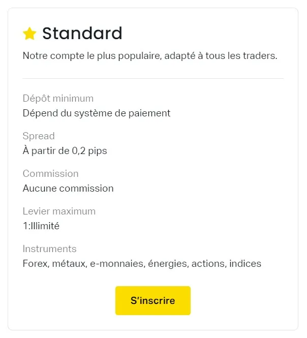 Comptes standard Exness